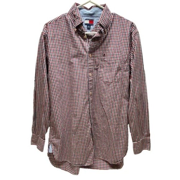 Tommy Hilfiger Shirt Men's Small Red White Blue Plaid Long Sleeve Button Up EUC - Picture 1 of 13